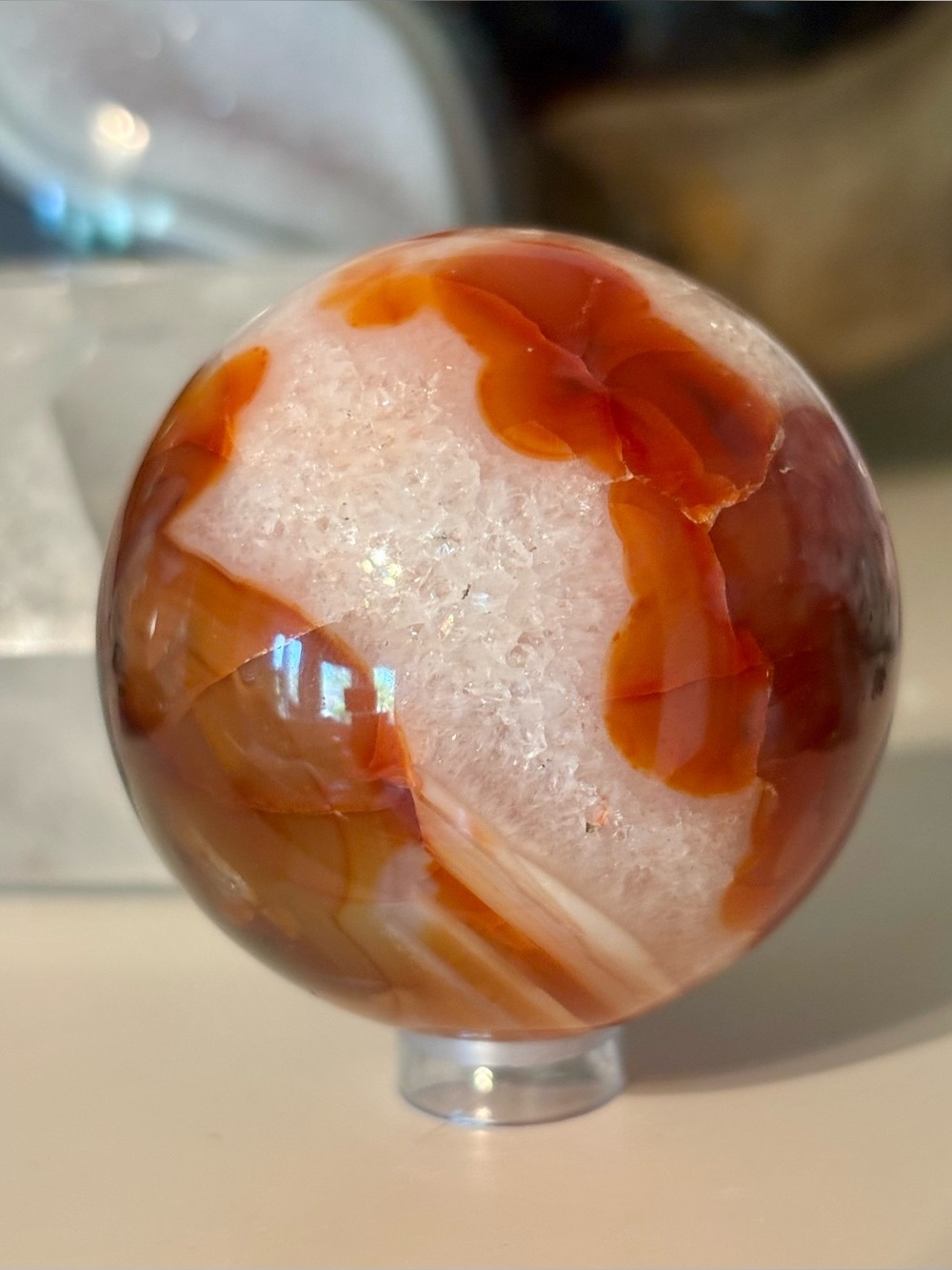 Red Ocean Jasper Sphere with Druzy Pockets – Orbicular Crystal Sphere w Stand